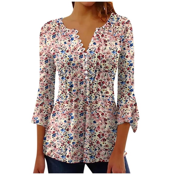 CYMMPU 3/4 Sleeve Blouses for Women Dressy Casual Tunic Tops Spring Tops Loose Fit Floral Printed Button V Neck Flare Sleeve Fall Fashion Shirts Pleated Dressy T-Shirts 8