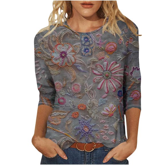 CYMMPU 3/4 Sleeve Blouses for Women Dressy Casual Tunic Tops Spring Tops Round Neck Fall Trendy Shirts Flower Pattern Loose Fit Lightweight Basic Tees Black XL