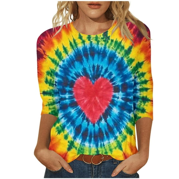 CYMMPU 3/4 Sleeve Blouses for Women Dressy Casual Tunic Tops Summer Fashion Shirts Loose Fit Crew Neck Spring Tops Flower Pattern Lightweight Basic T-Shirts Red S