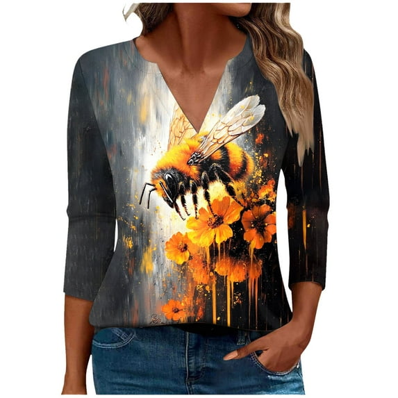 CYMMPU 3/4 Sleeve Blouses for Women Dressy Casual V Neck Summer Trendy Shirts Spring Tops Bee Printed Loose Fit T-Shirts Business Elegant Work Tops T-Shirts Multicolor XXXXXL