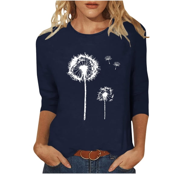 CYMMPU 3/4 Sleeve Blouses for Women Dressy Casual Crew Neck Spring Tops Loose Fit Fall Trendy Shirts T-Shirts Floral Pattern Lightweight Basic Tees L
