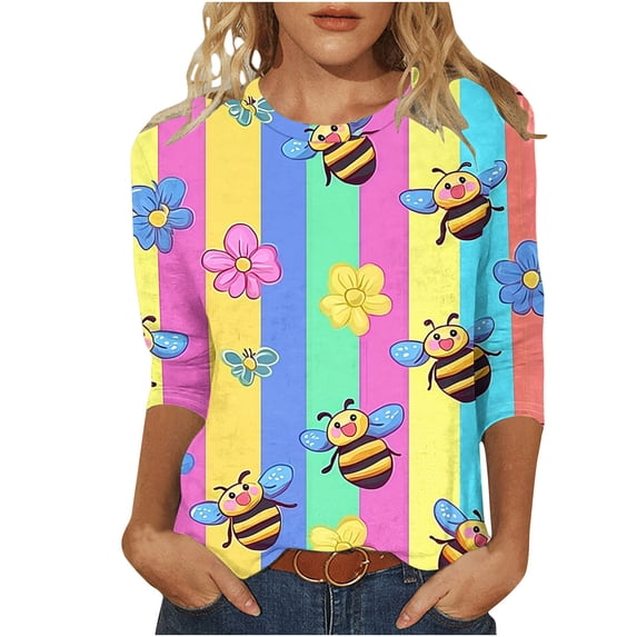 CYMMPU 3/4 Sleeve Blouses for Women Dressy Casual Crew Neck Summer Fashion Shirts Spring Tops Bee Graphic Loose Fit T-Shirts Cute Animals T-Shirts M