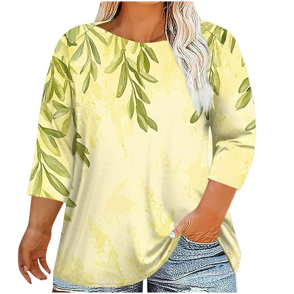 CYMMPU 3/4 Sleeve Blouses for Women Dressy Casual Fall Fashion Shirts Spring Tunic Tops Loose Fit Round Neck Flower Printed Plus Size Blouse Yellow L