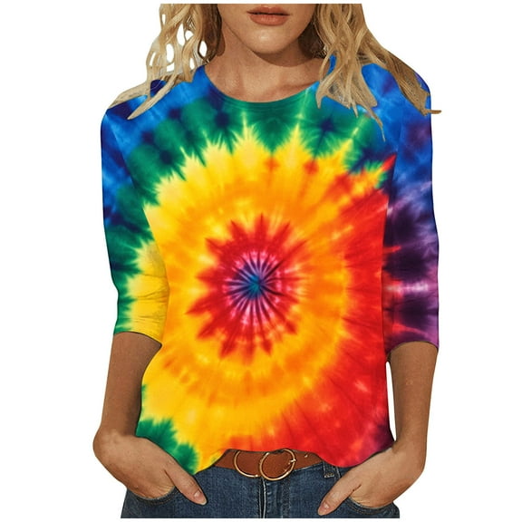 CYMMPU 3/4 Sleeve Blouses for Women Dressy Casual Fall Trendy Shirts Tunic Tops Round Neck Spring Tops Tie Dye Loose Fit Ombre T-Shirts L