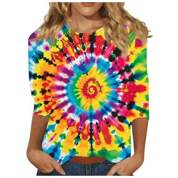 CYMMPU 3/4 Sleeve Blouses for Women Dressy Casual Loose Fit Spring Tops Fall Trendy Shirts Round Neck Tie Dye Tunic Tops Ombre T-Shirts XXXL