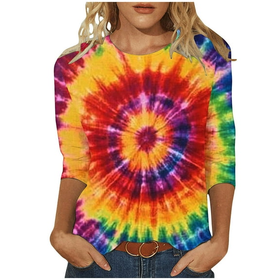 CYMMPU 3/4 Sleeve Blouses for Women Dressy Casual Summer Fashion Shirts Round Neck Loose Fit Spring Tops Tie Dye Tunic Tops Ombre T-Shirts XXXXL