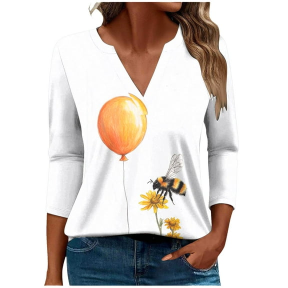 CYMMPU 3/4 Sleeve Blouses for Women Dressy Casual Summer Fashion Shirts Spring Tunic Tops Bee Pattern Loose Fit V Neck Business Elegant Work Topss XL