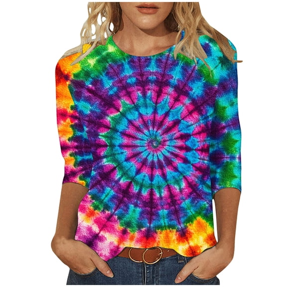 CYMMPU 3/4 Sleeve Blouses for Women Dressy Casual Summer Trendy Shirts Crew Neck Loose Fit Tie Dye Spring Tunic Tops Ombre T-Shirts M