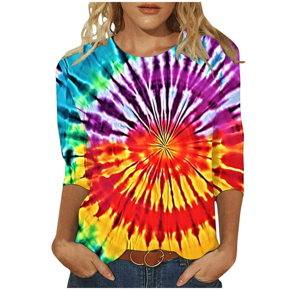 CYMMPU 3/4 Sleeve Blouses for Women Dressy Casual Tie Dye Summer Fashion Shirts Loose Fit Round Neck Spring Tops T-Shirts Ombre T-Shirts Multicolor S