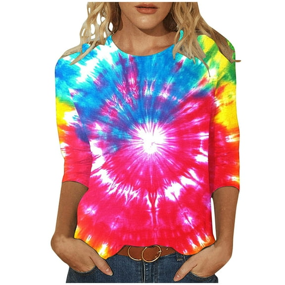 CYMMPU 3/4 Sleeve Blouses for Women Dressy Casual Tie Dye Summer Trendy Shirts Spring Tops Loose Fit Tunic Tops Crew Neck Ombre T-Shirts Multicolor L