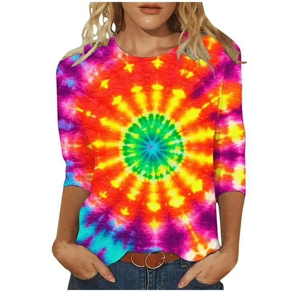 CYMMPU 3/4 Sleeve Blouses for Women Dressy Casual Tunic Tops Spring Tops Loose Fit Fall Fashion Shirts Crew Neck Tie Dye Ombre T-Shirts Multicolor XL
