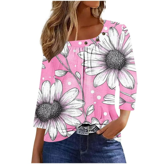 CYMMPU 3/4 Sleeve Button up Crew Neck Blouses for Women Dressy Casual Spring Tunic Tops Floral Pattern Loose Fit Fall Fashion Shirts Plus Size Blouse Pink XXL