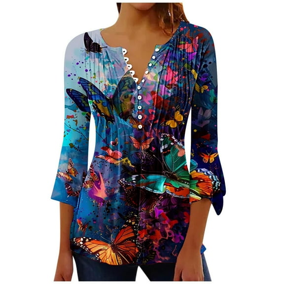 CYMMPU 3/4 Sleeve Button V Neck Flare Sleeve Blouses for Women Dressy Casual Fall Fashion Shirts Spring Tops Floral Pattern Tunic Tops Loose Fit Empire Waist A Line T-Shirts XXL