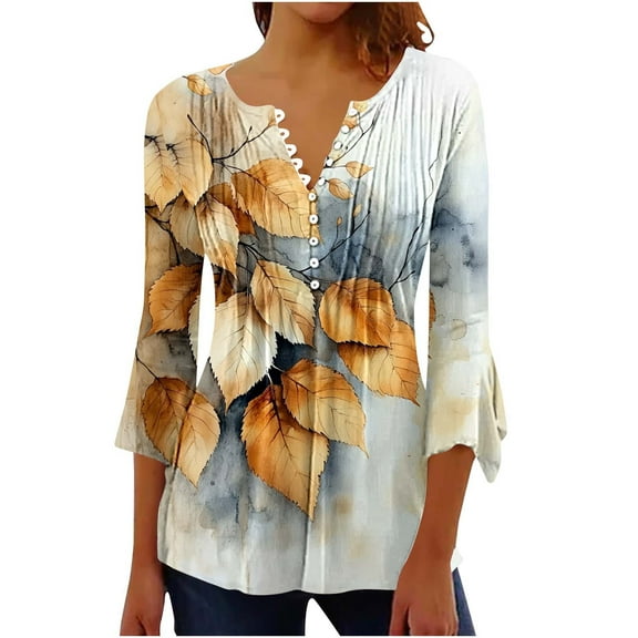 CYMMPU 3/4 Sleeve Button V Neck Flare Sleeve Blouses for Women Dressy Casual Floral Printed Fall Trendy Shirts Tunic Tops Spring Tops Loose Fit Pleated Dressy T-Shirts Multicolor S