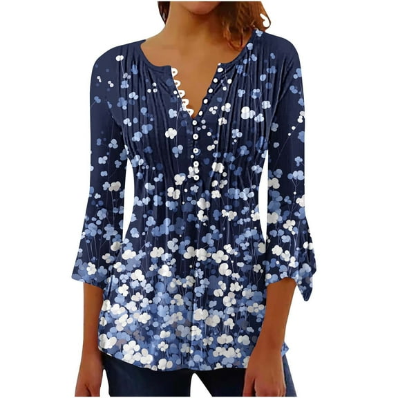 CYMMPU 3/4 Sleeve Button V Neck Flare Sleeve Blouses for Women Dressy Casual Floral Printed Tunic Tops Loose Fit Fall Fashion Shirts Spring Tops Pleated Dressy T-Shirts Multicolor XXL