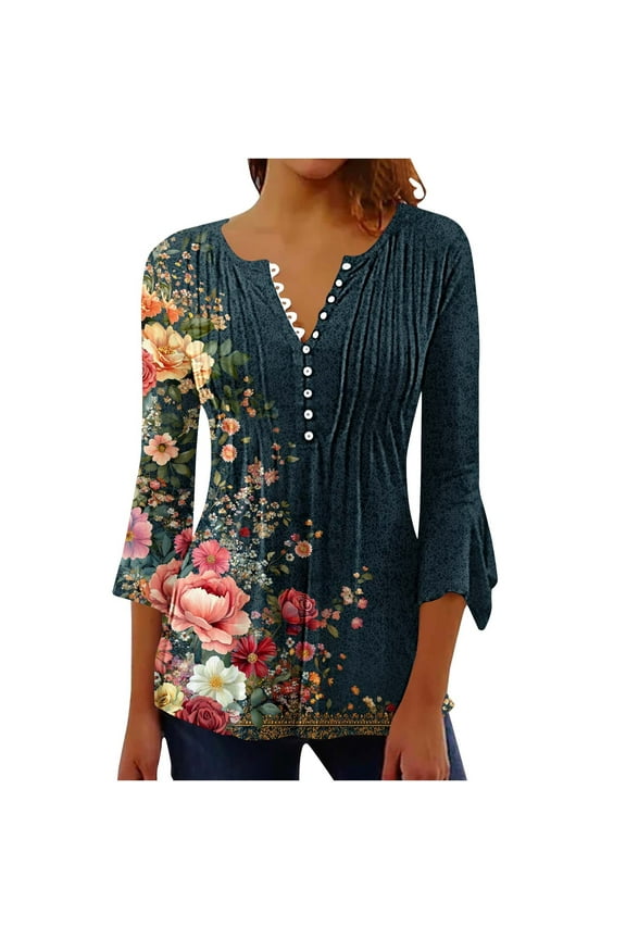 3/4 Sleeve Button V Neck Flare Sleeve Blouses for Women Dressy Casual Flower Pattern Fall Fashion Shirts Loose Fit T-Shirts Spring Tops Empire Waist A Line T-Shirts Multicolor M