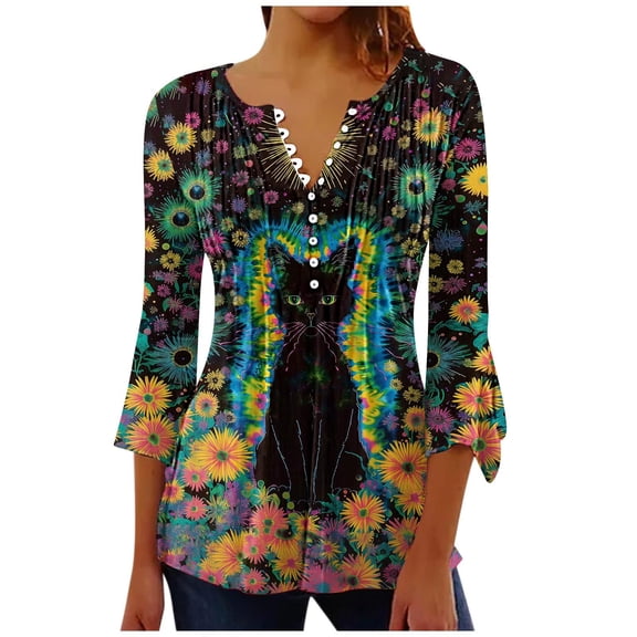 CYMMPU 3/4 Sleeve Button V Neck Flare Sleeve Blouses for Women Dressy Casual Spring Tops Tie Dye Fall Fashion Shirts T-Shirts Loose Fit Pleated Dressy T-Shirts L