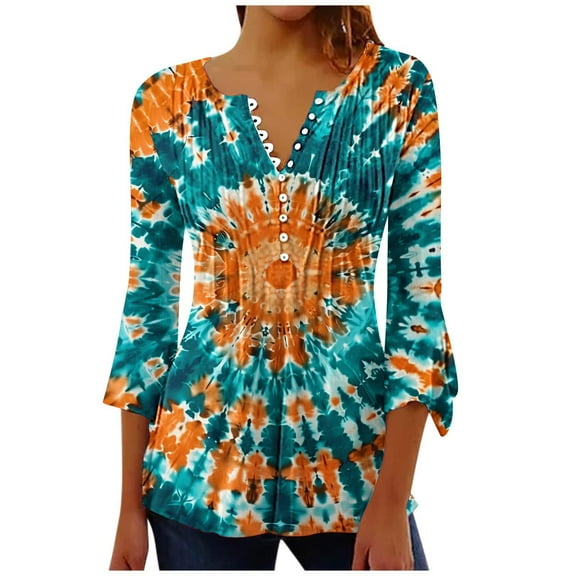 CYMMPU 3/4 Sleeve Button V Neck Flare Sleeve Blouses for Women Dressy Casual Spring Tops Tie Dye Loose Fit Fall Fashion Shirts Tunic Tops Empire Waist A Line T-Shirts S