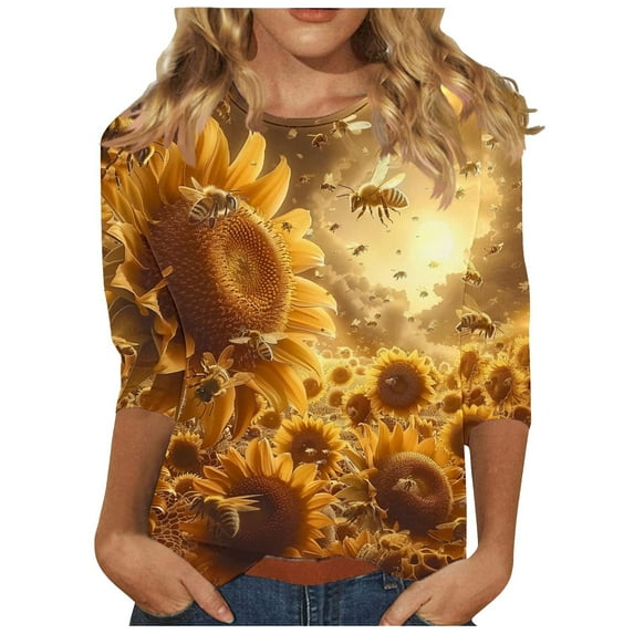 CYMMPU 3/4 Sleeve Crew Neck Blouses for Women Dressy Casual Bee Graphic Loose Fit Spring Tunic Tops Fall Fashion Shirts Lightweight Basic T-Shirts XXXL