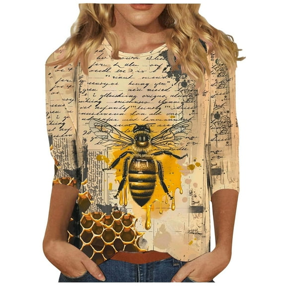 CYMMPU 3/4 Sleeve Crew Neck Blouses for Women Dressy Casual Fall Fashion Shirts T-Shirts Spring Tops Bee Graphic Loose Fit Lightweight Basic T-Shirts Multicolor M
