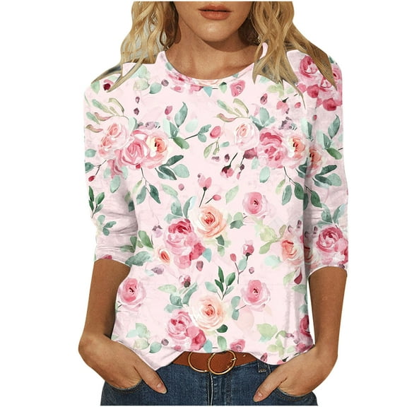 CYMMPU 3/4 Sleeve Crew Neck Blouses for Women Dressy Casual Flower Printed Fall Trendy Shirts Tunic Tops Loose Fit Spring Tops Lightweight Basic Tees Pink S