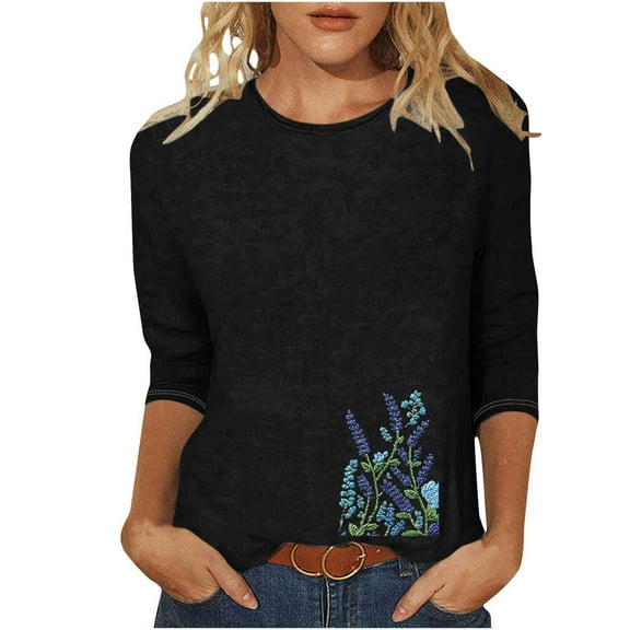 CYMMPU 3/4 Sleeve Crew Neck Blouses for Women Dressy Casual T-Shirts Fall Trendy Shirts Spring Tops Floral Printed Loose Fit Lightweight Basic Tees Black S