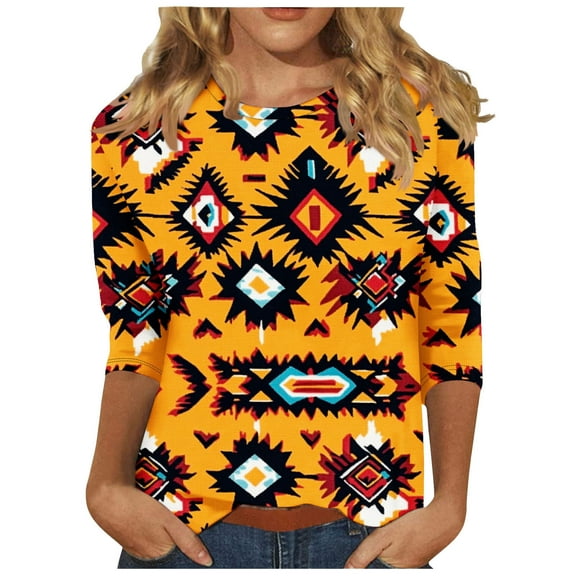 CYMMPU 3/4 Sleeve Crew Neck Blouses for Women Dressy Casual Tunic Tops Geometric Printed Spring Tops Fall Trendy Shirts Loose Fit Western T-Shirts Multicolor M