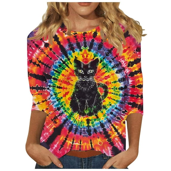 CYMMPU 3/4 Sleeve Crew Neck Blouses for Women Dressy Casual Fall Trendy Shirts Tie Dye Spring Tops Loose Fit Tunic Tops Ombre T-Shirts Multicolor XXL