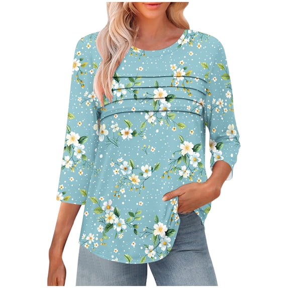 CYMMPU 3/4 Sleeve Round Neck Blouses for Women Dressy Casual Fall Trendy Shirts Floral Pattern Loose Fit Spring Tunic Tops Lightweight Basic Tees Light Blue XL