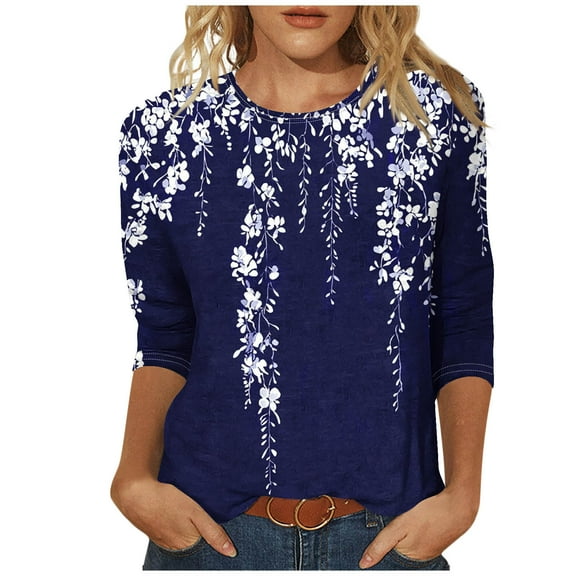 CYMMPU 3/4 Sleeve Round Neck Blouses for Women Dressy Casual Spring Tunic Tops Loose Fit Floral Printed Fall Trendy Shirts Lightweight Basic Tees Multicolor XL