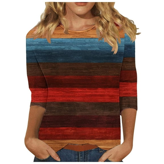 CYMMPU 3/4 Sleeve Round Neck Blouses for Women Dressy Casual Spring Tops Fall Trendy Shirts Loose Fit Striped Ombre Tunic Tops Dye Tie T-Shirts M