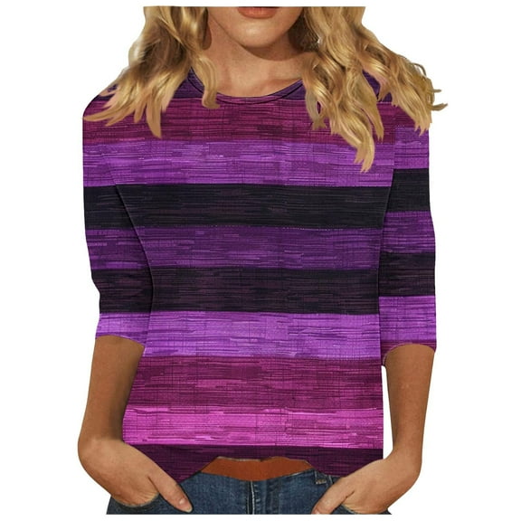 CYMMPU 3/4 Sleeve Round Neck Blouses for Women Dressy Casual Spring Tops Loose Fit Striped Ombre Tunic Tops Fall Trendy Shirts Dye Tie T-Shirts M