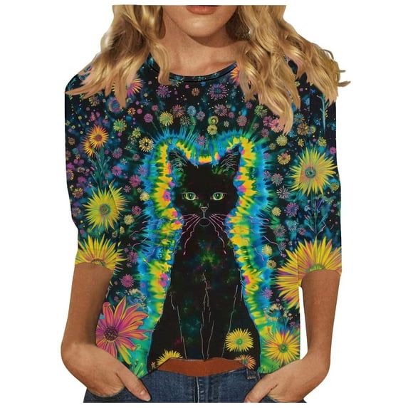 CYMMPU 3/4 Sleeve Round Neck Blouses for Women Dressy Casual T-Shirts Fall Trendy Shirts Spring Tops Tie Dye Loose Fit Ombre T-Shirts XXXL