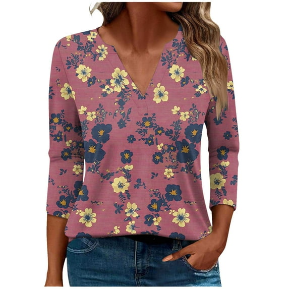 CYMMPU 3/4 Sleeve V Neck Blouses for Women Dressy Casual Fall Trendy Shirts Loose Fit Spring Tops Floral Printed Tunic Tops Business Elegant Work Tops T-Shirts Multicolor XXL