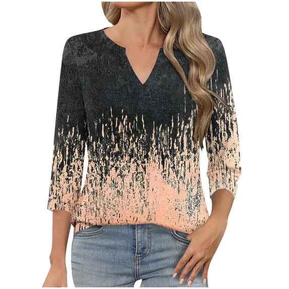 CYMMPU 3/4 Sleeve V Neck Blouses for Women Dressy Casual Flower Pattern Fall Fashion Shirts Loose Fit T-Shirts Spring Tops Business Elegant Work Topss Black XXL