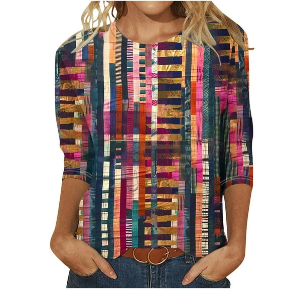CYMMPU Basic Tees Dressy Tunic Tops Business Work Blouses Casual Summer Fall Shirts Floral Printed 3/4 Length Sleeve Crewneck 2025 Clothes for Women Multicolor XXL