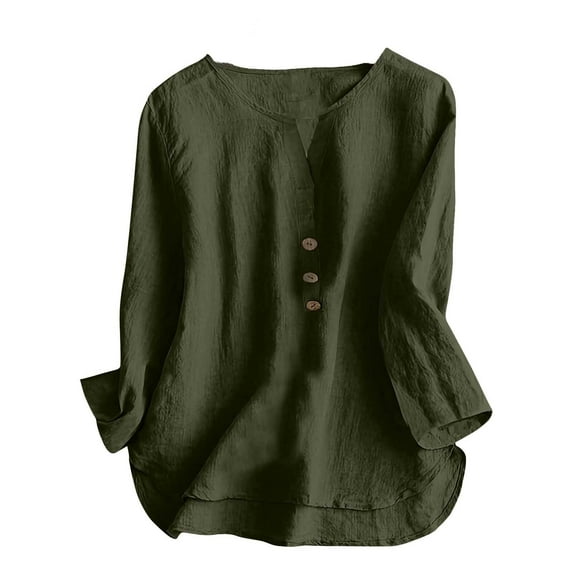 CYMMPU Basic Tees Dressy Tunic Tops Shirts V-Neck Casual Business Work Blouses Solid Color 3/4 Length Sleeve Summer Fall 2025 Clothes for Women Army Green L