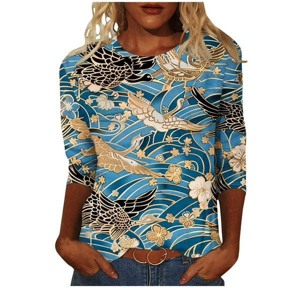 CYMMPU Basic Tees Fashion Tunic Tops Business Work Blouses Vintage Shirts Floral Printed 3/4 Length Sleeve Crewneck Summer Fall 2025 Clothes for Women Multicolor XXXXL