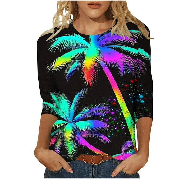 CYMMPU Basic Tees Fashion Tunic Tops Vintage Business Work Blouses Shirts Floral Printed 3/4 Length Sleeve Crewneck Summer Fall 2025 Clothes for Women Black M