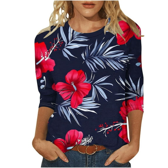 CYMMPU Basic Tees Fashion Tunic Tops Vintage Business Work Blouses Shirts Floral Printed 3/4 Length Sleeve Summer Fall Crewneck 2025 Clothes for Women Dark Blue XL