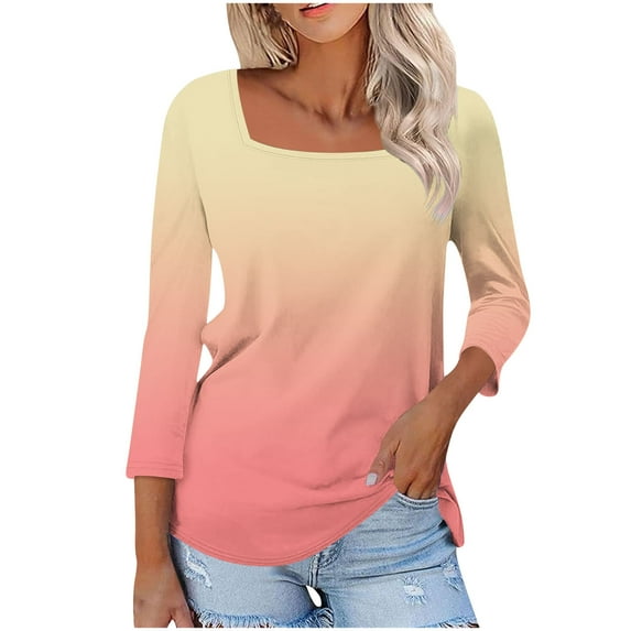 CYMMPU Basic Tees Fashion Tunic Tops Vintage Summer Fall Square Neck Gradient Color 3/4 Length Sleeve Shirts Business Work Blouses 2025 Clothes for Women Orange XL