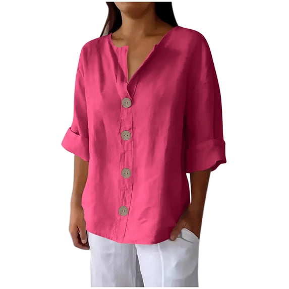 CYMMPU Basic Tees Plus Size Tunic Tops V-Neck Summer Fall Vintage Solid Color 3/4 Length Sleeve Business Work Blouses Shirts 2025 Clothes for Women Hot Pink L