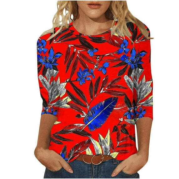 CYMMPU Basic Tees Plus Size Tunic Tops Vintage Business Work Blouses Crewneck Summer Fall Floral Printed 3/4 Length Sleeve Shirts 2025 Clothes for Women Red M