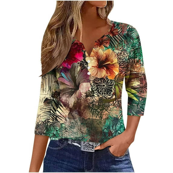 CYMMPU Basic Tees Plus Size Tunic Tops Western Printed 3/4 Length Sleeve Summer Fall V-Neck Vintage Shirts Business Work Blouses 2025 Clothes for Women Khaki M