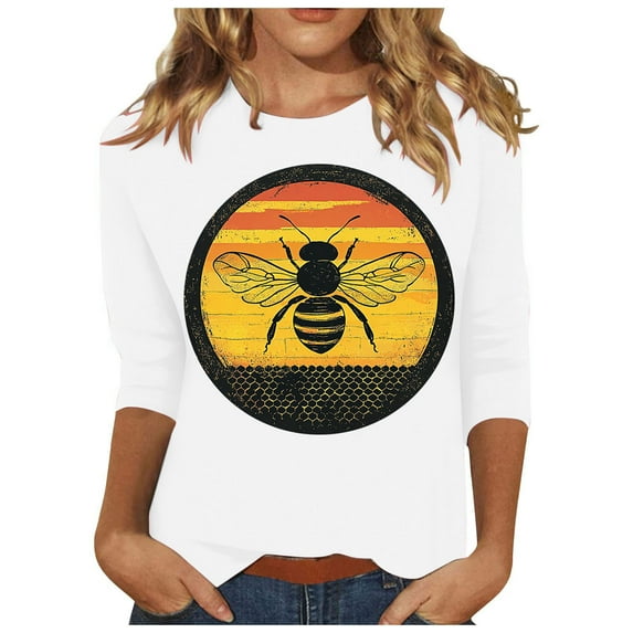 CYMMPU Bee Graphic 3/4 Sleeve Crew Neck Loose Fit Blouses for Women Dressy Casual Summer Trendy Shirts Spring Tops T-Shirts Lightweight Basic Tees White XXXXXL