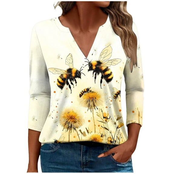 CYMMPU Bee Graphic 3/4 Sleeve Spring Tops Blouses for Women Dressy Casual V Neck Summer Fashion Shirts Loose Fit Tunic Tops Business Elegant Work Topss XL