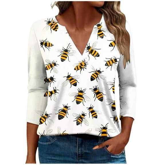 CYMMPU Bee Graphic 3/4 Sleeve V Neck Blouses for Women Dressy Casual Spring Tops Loose Fit Tunic Tops Fall Trendy Shirts Business Elegant Work Tops T-Shirts Multicolor M