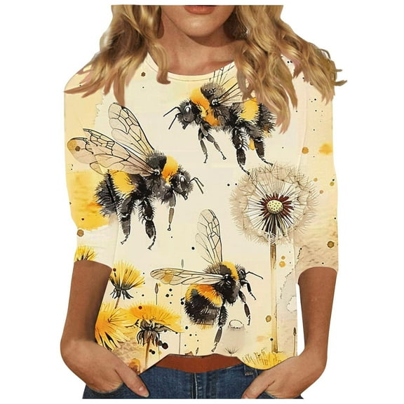 CYMMPU Bee Graphic Crew Neck Blouses for Women Dressy Casual Fall Trendy Shirts 3/4 Sleeve Loose Fit Tunic Tops Spring Tops Lightweight Basic Tees S