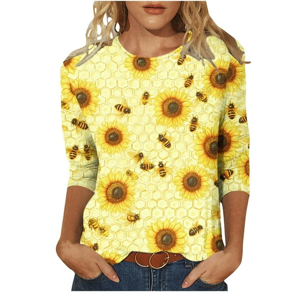 CYMMPU Bee Pattern 3/4 Sleeve Crew Neck Loose Fit Blouses for Women Dressy Casual Tunic Tops Fall Fashion Shirts Spring Tops Lightweight Basic T-Shirts Multicolor XXXL