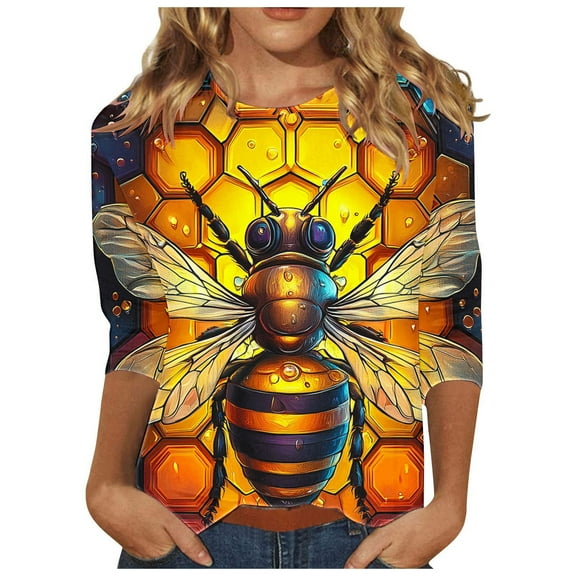 CYMMPU Bee Pattern 3/4 Sleeve Fall Fashion Shirts Blouses for Women Dressy Casual Spring Tops Loose Fit Crew Neck Tunic Tops Lightweight Basic T-Shirts Yellow XL
